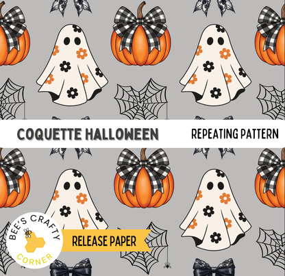 The image is a repeating pattern of Halloween-themed elements, including ghostly figures, pumpkins, and spiderwebs, all set against a gray background.