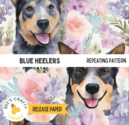 The image is a collage of two close-up portraits of dogs, one black and one brown, with a floral background.