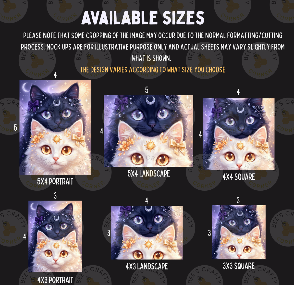 six different sizes of cat portraits, each with a unique design and color scheme. The cats are depicted in various poses and expressions, showcasing the versatility of the artwork. The sizes range from 5x4 to 4x3, providing a range of options for viewers to choose from. The image is a collage of multiple images, and the descriptions provided focus on the individual images rather than the entire collection.