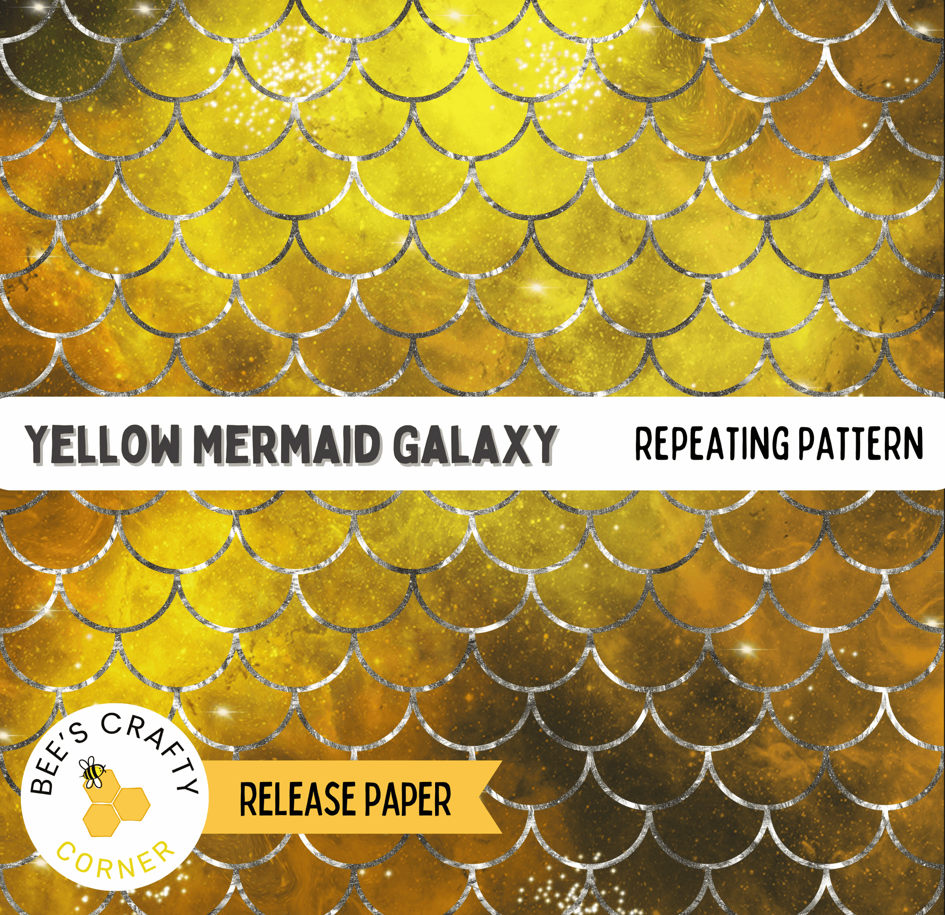 The image is a repeating pattern of yellow mermaid scales, resembling the scales of a mermaid fish. The pattern is displayed in various shades of yellow, ranging from light to dark, creating a visually striking and vibrant design.