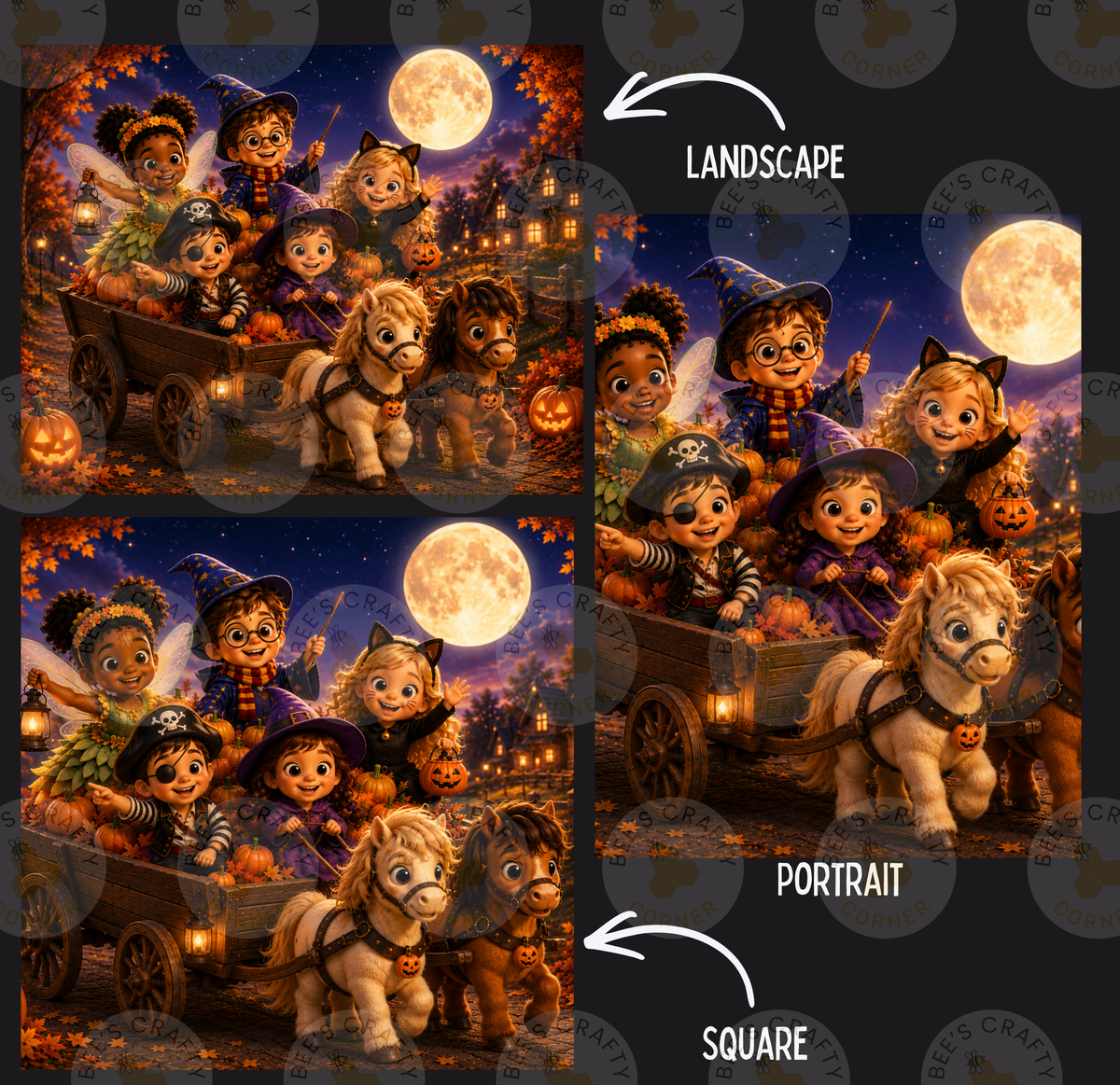 The image is a collage of two images, each depicting a group of children dressed in Halloween costumes riding in a wagon or carriage, with a full moon in the background. The children are wearing hats and scarves, and the wagon appears to be made of wood. The collage is labeled as a landscape and a portrait, with the landscape image being a square and the portrait image being a square.