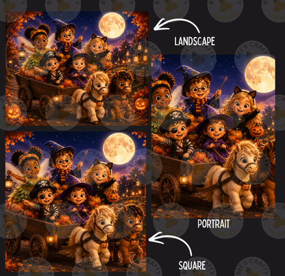 The image is a collage of two images, each depicting a group of children dressed in Halloween costumes riding in a wagon or carriage, with a full moon in the background. The children are wearing hats and scarves, and the wagon appears to be made of wood. The collage is labeled as a landscape and a portrait, with the landscape image being a square and the portrait image being a square.