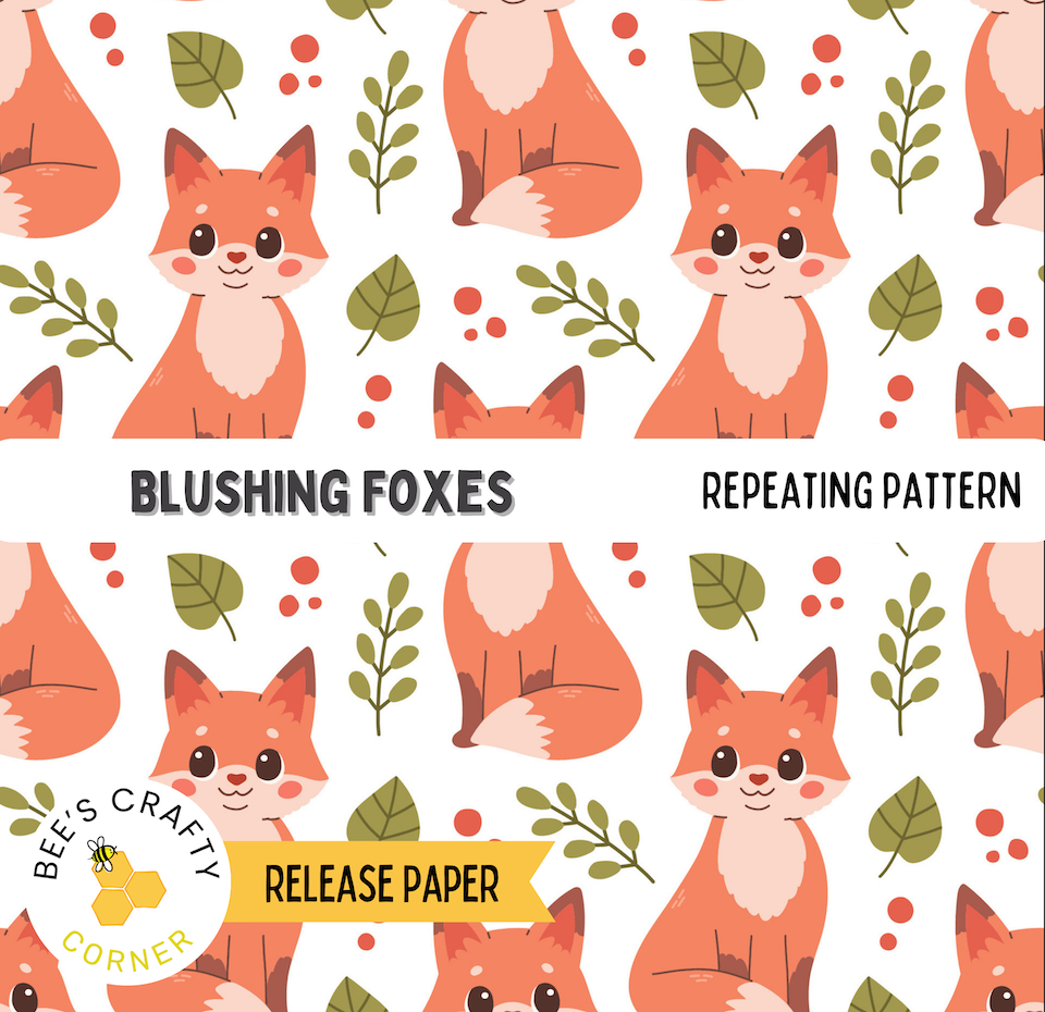 The image is a repeating pattern of cartoon-style foxes with leaves and berries, creating a whimsical and playful design.