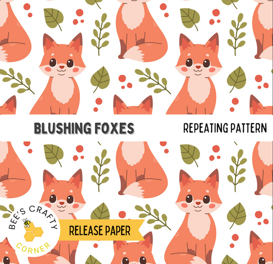 The image is a repeating pattern of cartoon-style foxes with leaves and berries, creating a whimsical and playful design.