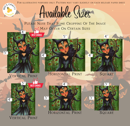 The image is a collage of six different sizes of illustrations of a character with horns and a black outfit, set against a green and orange background with bats and a full moon.