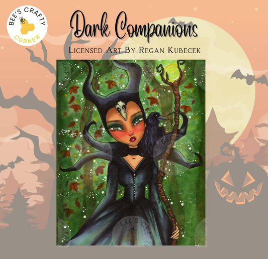 The image is a painting depicting a dark, fantastical female character with horns and a staff, surrounded by a spooky Halloween-themed background with bats, pumpkins, and a full moon.