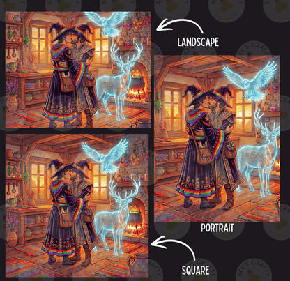 The image is a collage of three pictures depicting a couple in a fantasy setting, with one image labeled "LANDSCAPE" and the other two labeled "PORTRAIT" and "SQUARE".