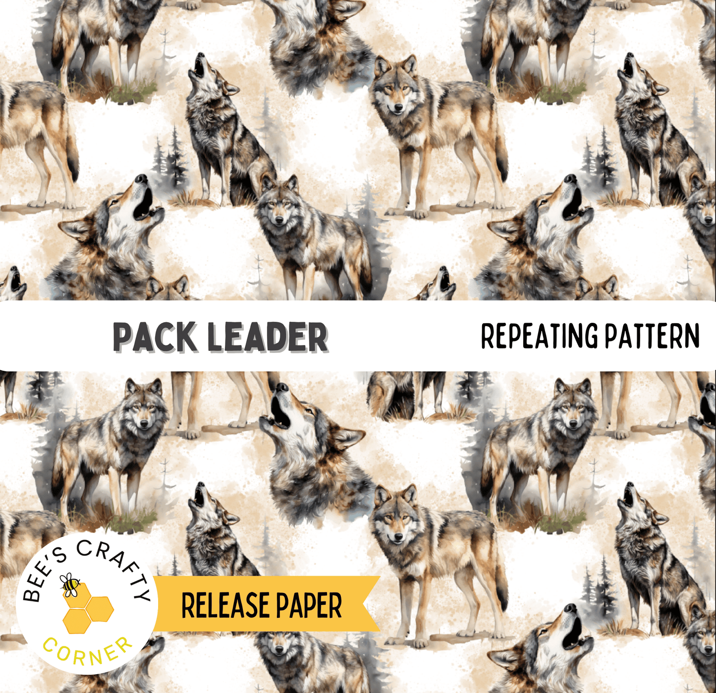 The image is a repeating pattern of various wolf-like animals, including howling dogs, set against a white background.