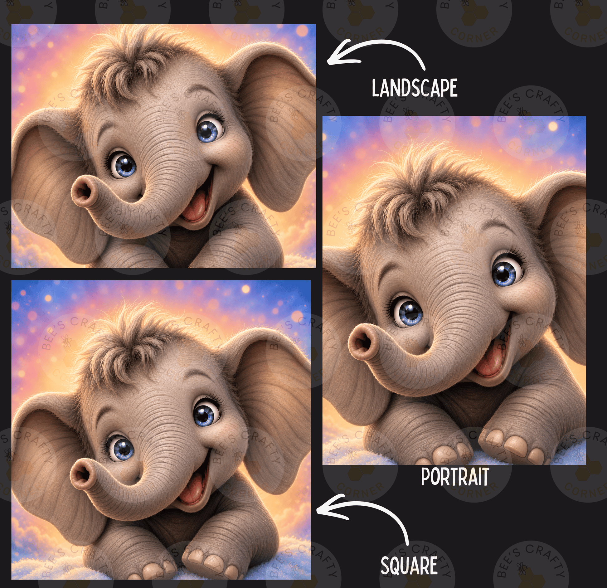 The image is a collage of two images, one depicting a landscape and the other a portrait of an elephant. The landscape image shows a serene, colorful background, while the portrait image focuses on the cute, smiling elephant.