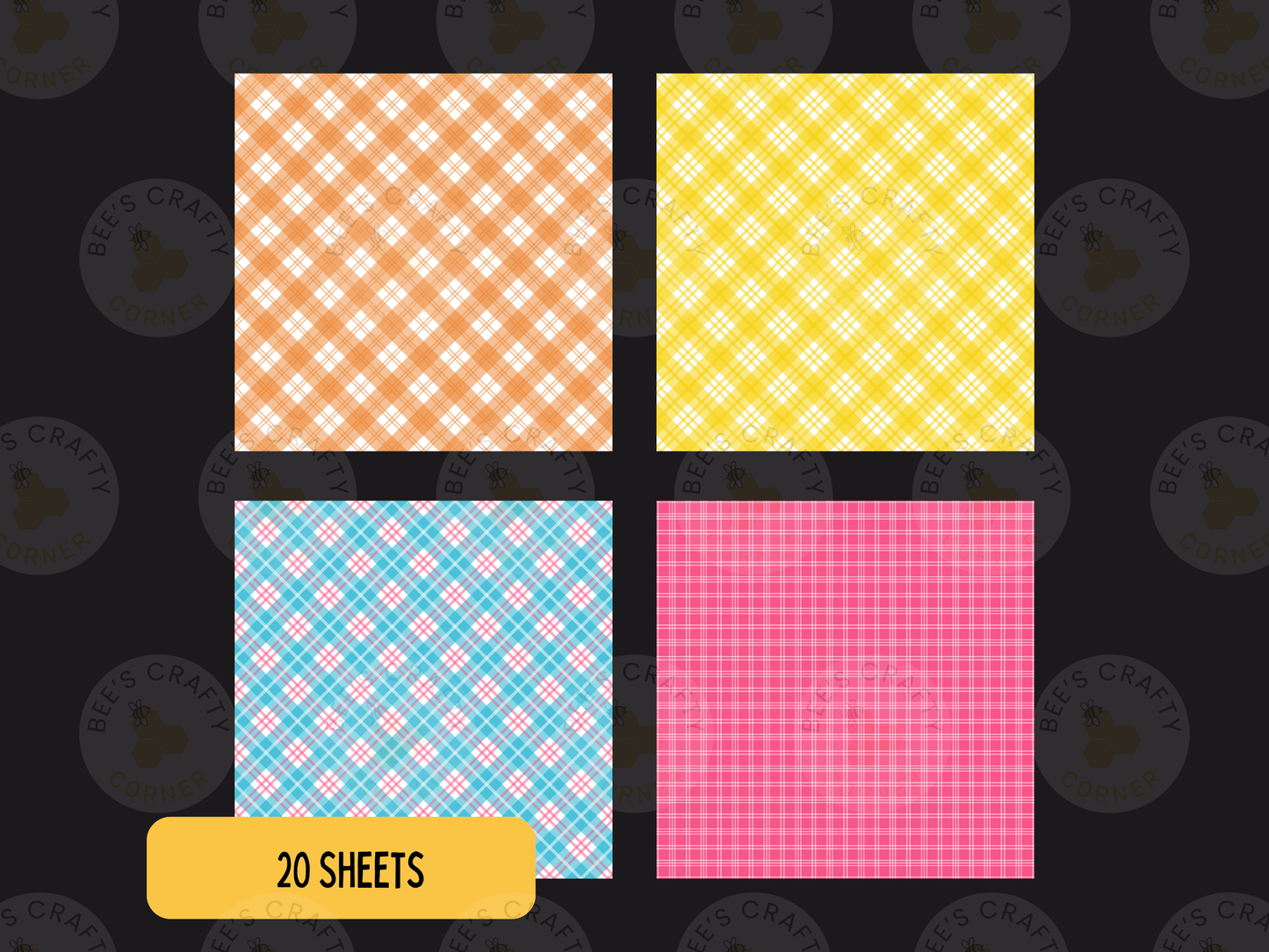 four square patterns with different color schemes and designs, arranged in a grid format.