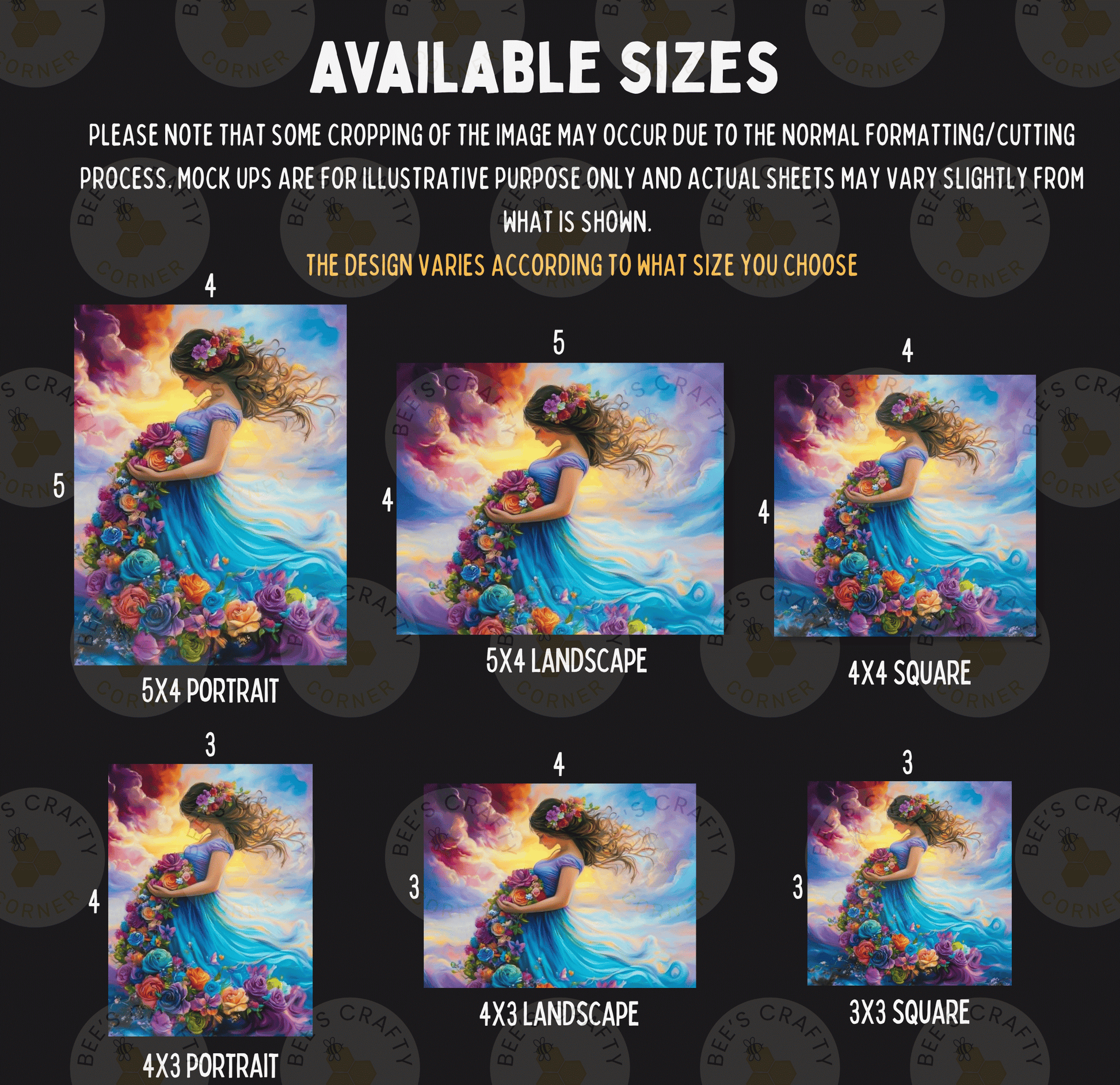 The image is a collage of six different sizes of paintings, each depicting a woman with a flower in her hair. The sizes range from 5x3 to 5x6, and the paintings vary in style and subject matter. The collage is intended to showcase the different options available for purchasing or displaying the artwork.