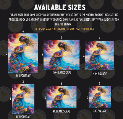 The image is a collage of six different sizes of paintings, each depicting a woman with a flower in her hair. The sizes range from 5x3 to 5x6, and the paintings vary in style and subject matter. The collage is intended to showcase the different options available for purchasing or displaying the artwork.