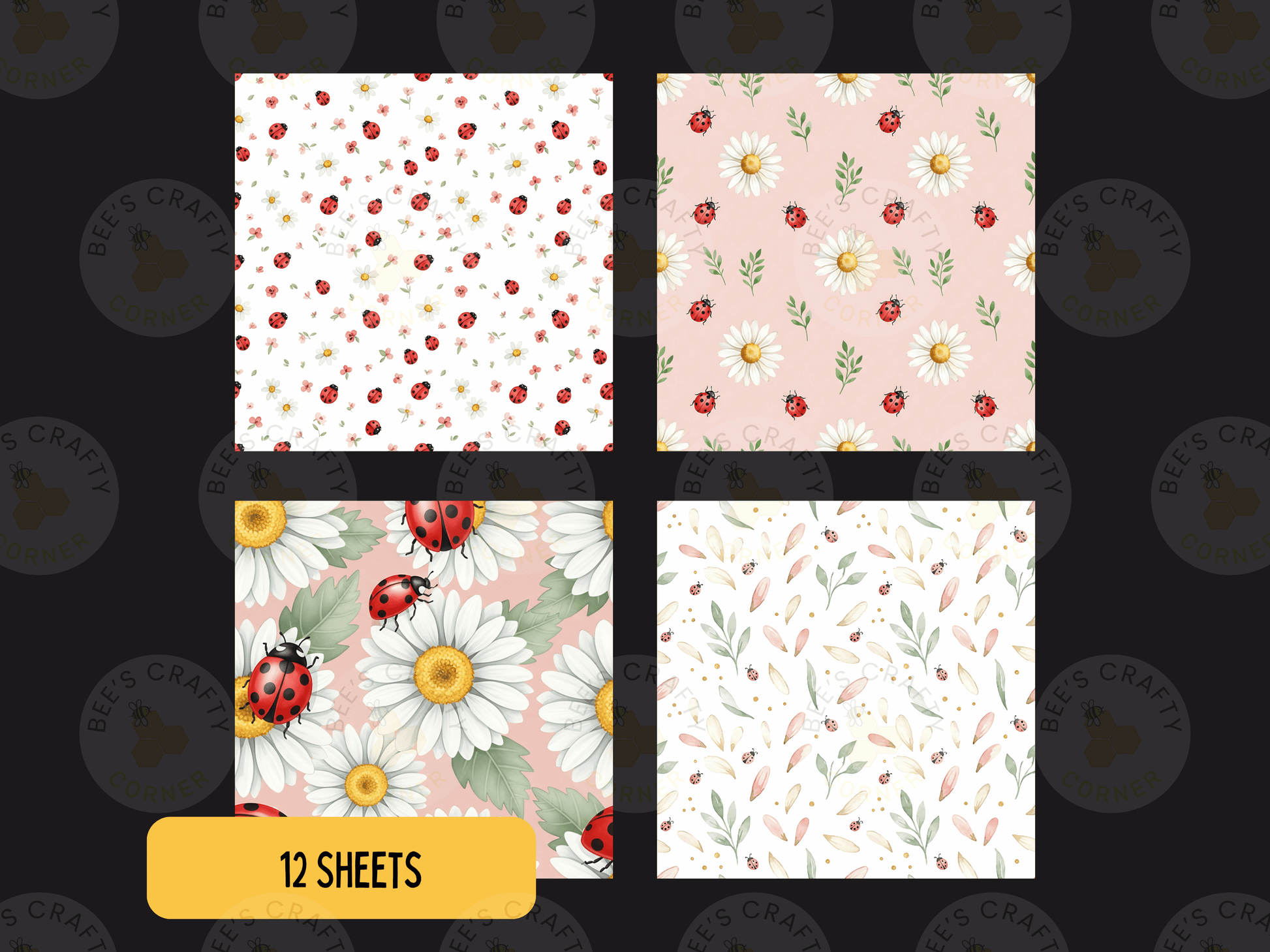 four square patterns with different floral designs, including daisies, flowers, and leaves.