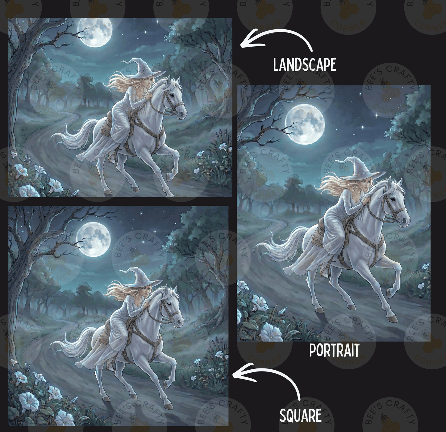 The image is a collage of three pictures depicting a woman riding a white horse through a nighttime landscape. The first picture shows the woman in a witch's hat, the second picture shows the woman in a portrait position, and the third picture shows the woman in a square position.