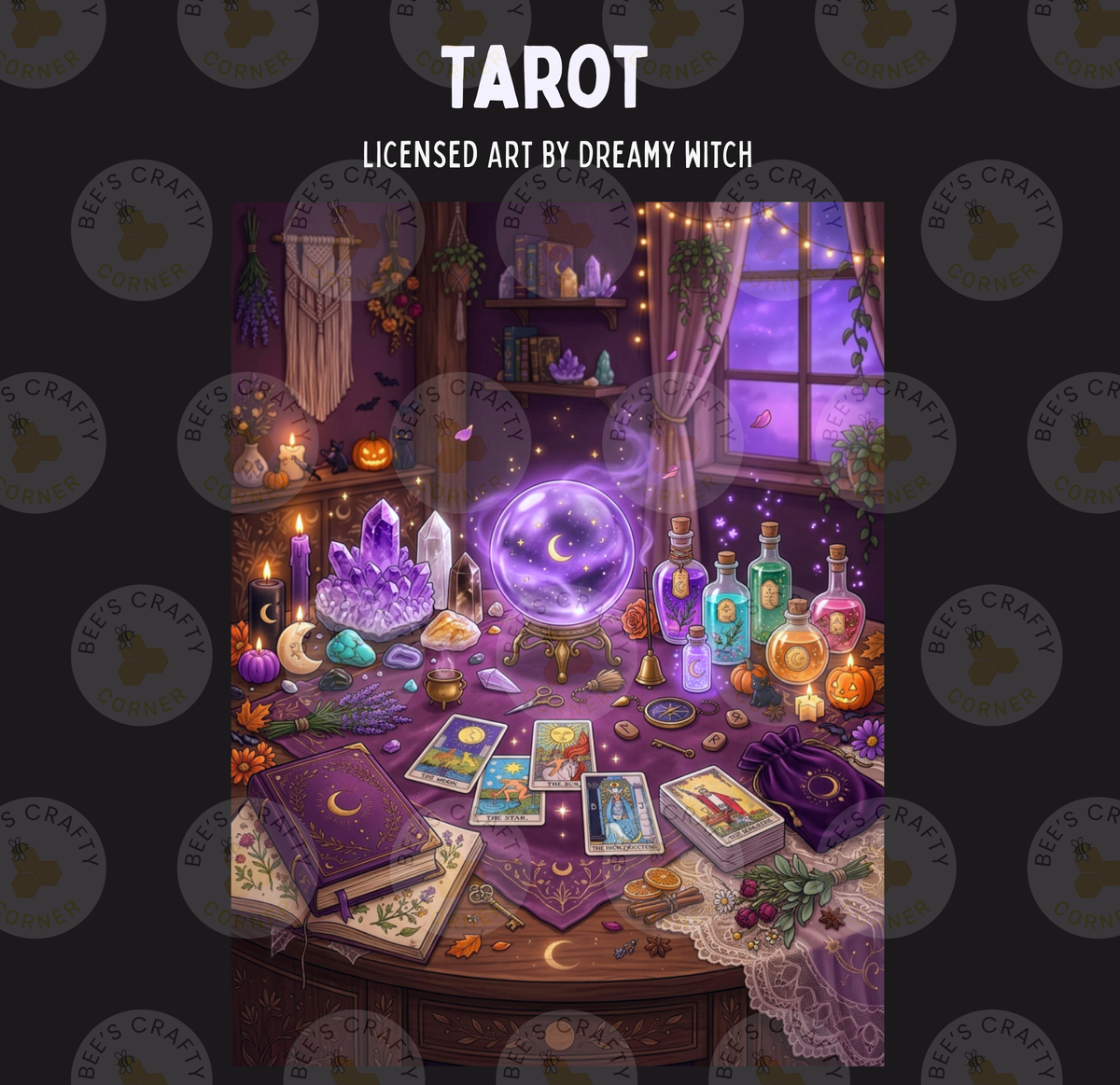 The image is a detailed illustration of a tarot table, featuring various mystical and magical objects such as crystals, tarot cards, and candles.