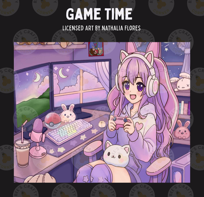 The image is a collage of various anime-style illustrations, featuring a young girl with long hair and a pink outfit, holding a video game controller, surrounded by a pink and purple color scheme.