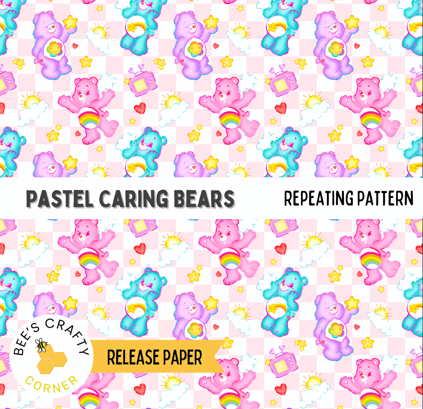 a repeating pattern of pastel-colored cartoon bears on a pink background.