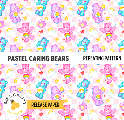 a repeating pattern of pastel-colored cartoon bears on a pink background.