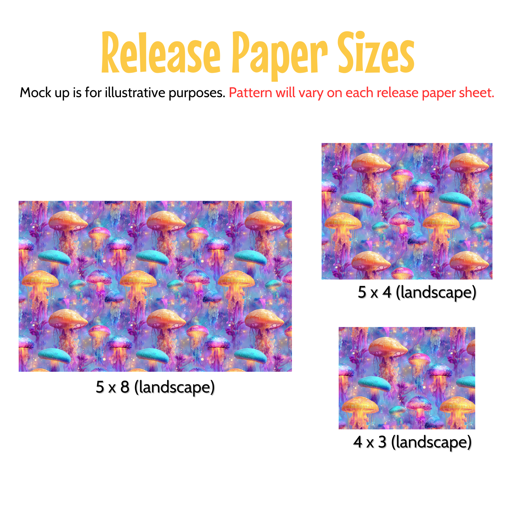 three different paper sizes, each featuring a unique pattern of colorful mushrooms. The sizes are 5 x 4 (landscape), 5 x 8 (landscape), and 4 x 3 (landscape). The pattern on each paper sheet varies, but the overall design is consistent with the mushroom motif.