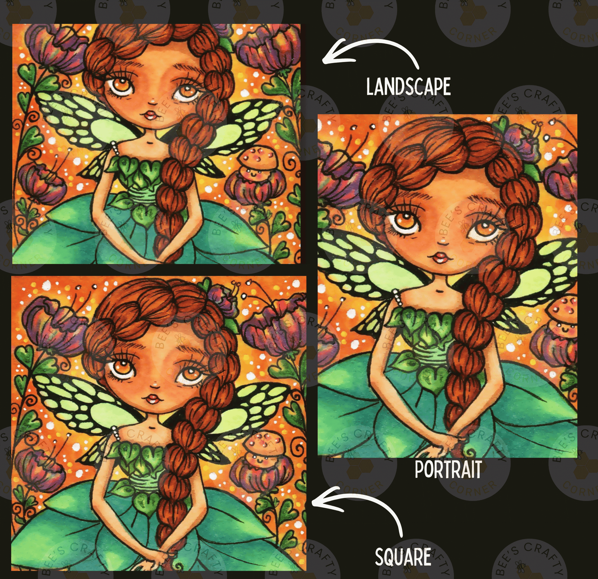 The image is a collage of three images depicting a fairy with long braids and a green dress, surrounded by colorful flowers and butterflies.