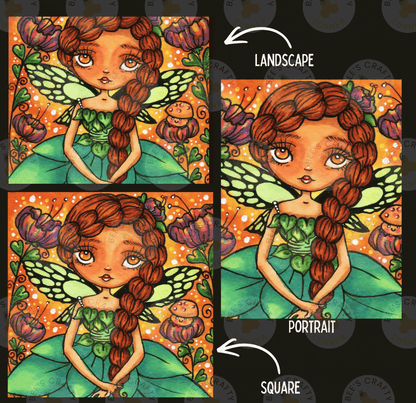The image is a collage of three images depicting a fairy with long braids and a green dress, surrounded by colorful flowers and butterflies.