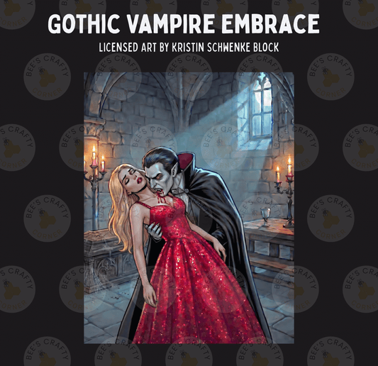 a Gothic vampire embrace, with a vampire in a cape and mask holding a woman in a red dress.