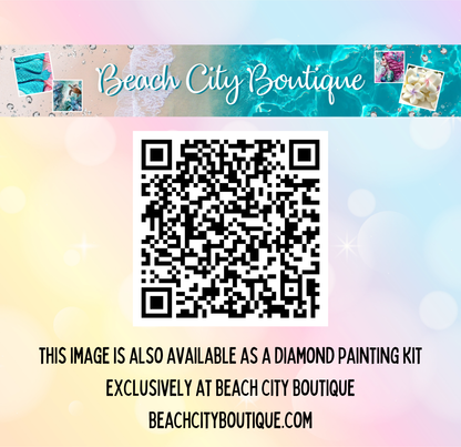 The image is available as a diamond painting kit exclusively at Beach City Boutique.