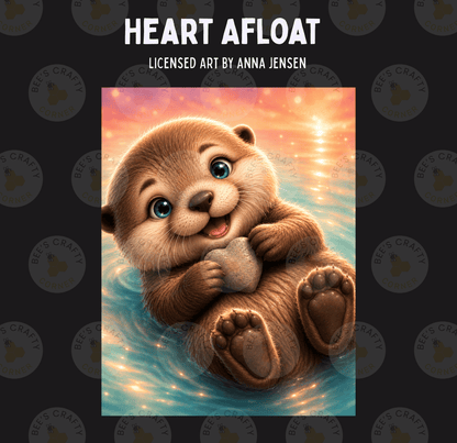 The image is a digital illustration of a cute, smiling otter holding a heart-shaped object, floating on a body of water.
