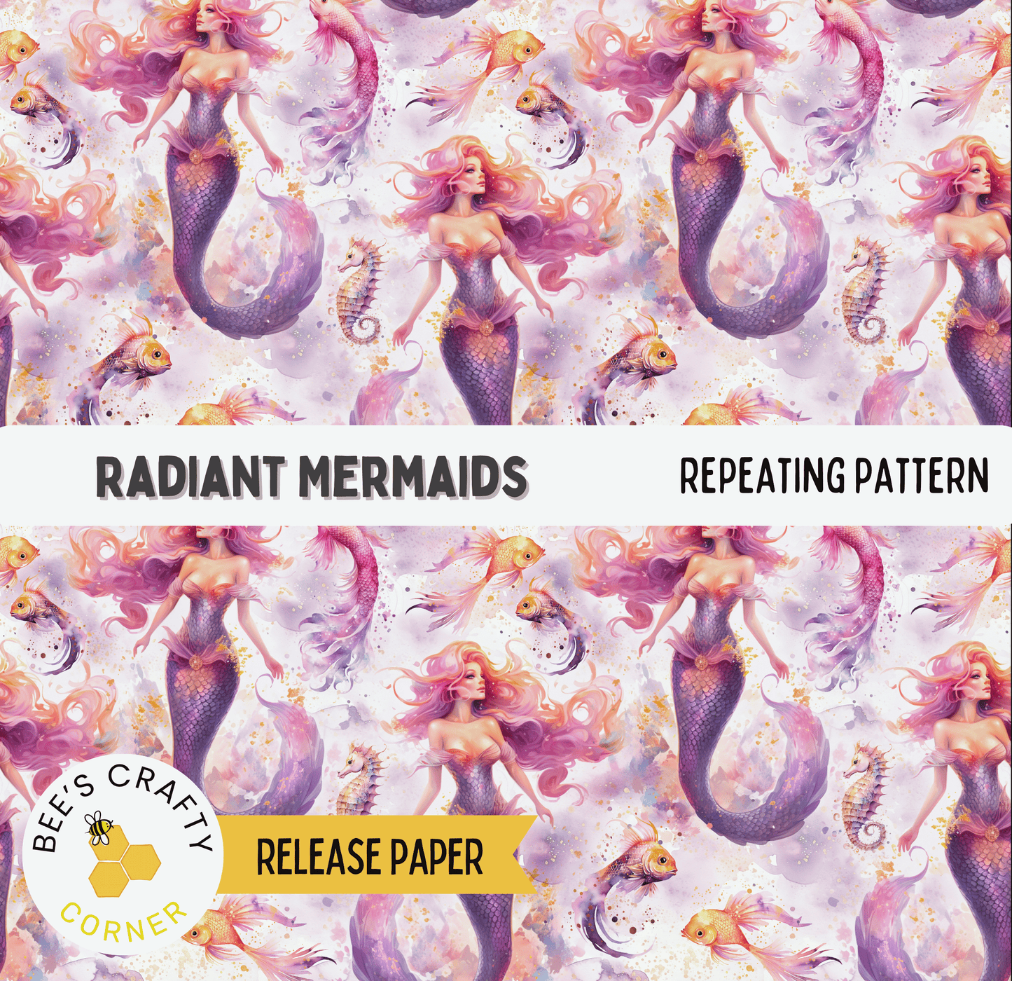The image is a repeating pattern of radiant mermaids with flowing purple and pink hair, surrounded by fish and other marine life.