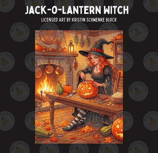 The image is a Halloween-themed illustration depicting a witch carving a jack-o-lantern in a cozy, rustic room with a fireplace, pumpkins, and autumn decorations.