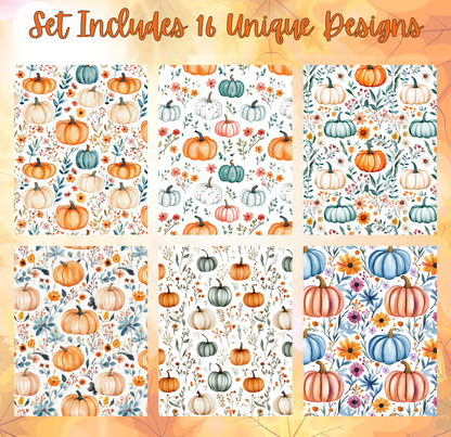 a set of six unique designs featuring pumpkins and flowers. The designs include various patterns and arrangements of pumpkins and flowers, creating a visually appealing and autumnal theme.