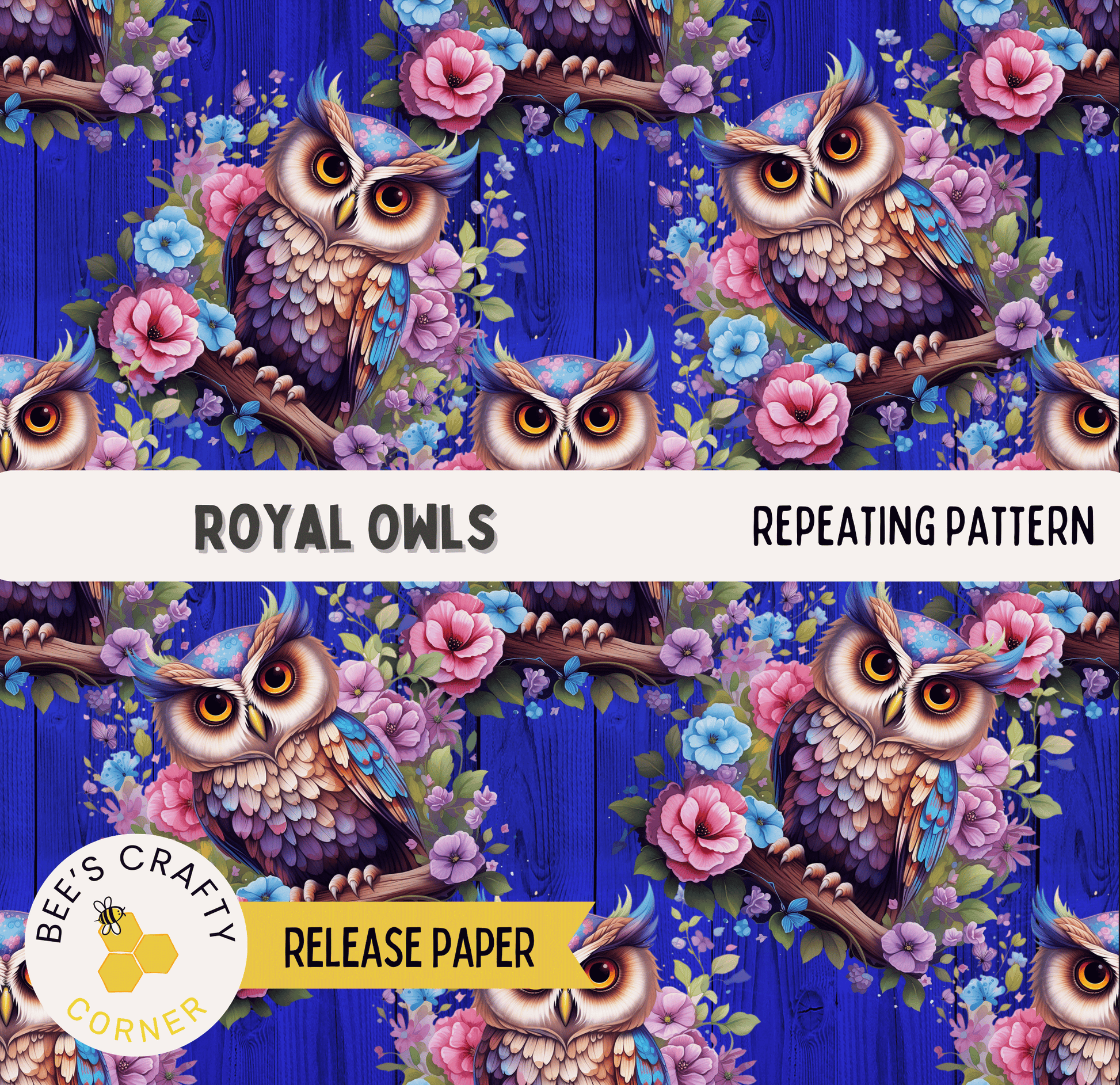 The image is a repeating pattern of colorful owls perched on branches with flowers, creating a vibrant and whimsical design.