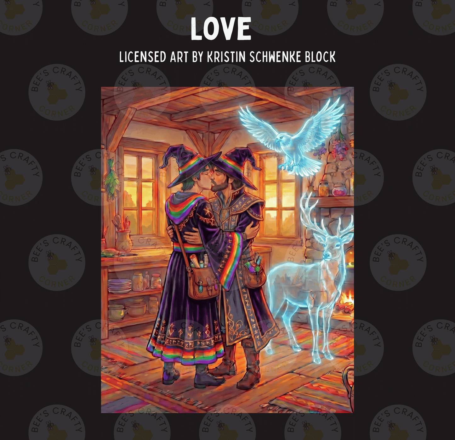 The image is a colorful illustration depicting a couple embracing in a room with a fireplace, a bird, and a ghostly figure.