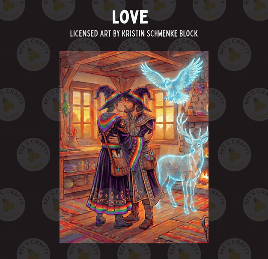 The image is a colorful illustration depicting a couple embracing in a room with a fireplace, a bird, and a ghostly figure.
