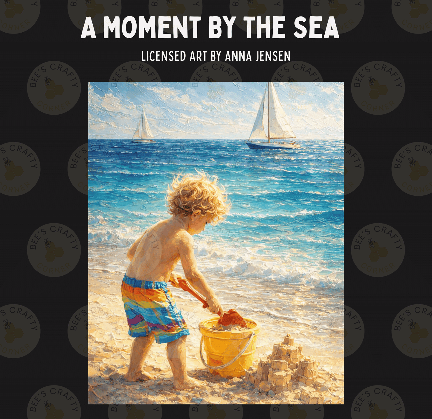 A young child playing in the sand on a beach, with two sailboats visible in the background.