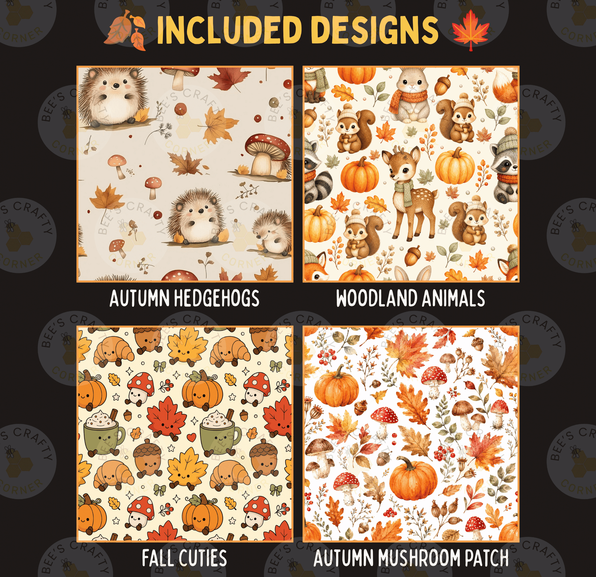 four different designs, each featuring a unique pattern of autumn-themed elements such as hedgehogs, woodland animals, fall cuties, and an autumn mushroom patch.