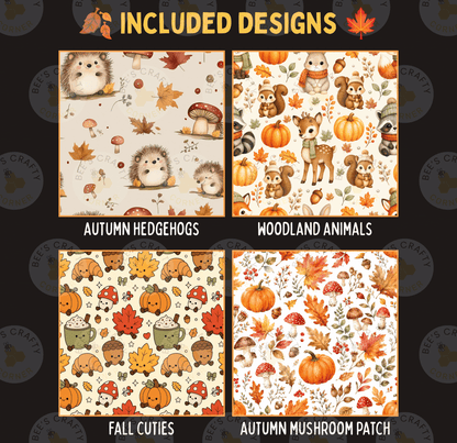 four different designs, each featuring a unique pattern of autumn-themed elements such as hedgehogs, woodland animals, fall cuties, and an autumn mushroom patch.