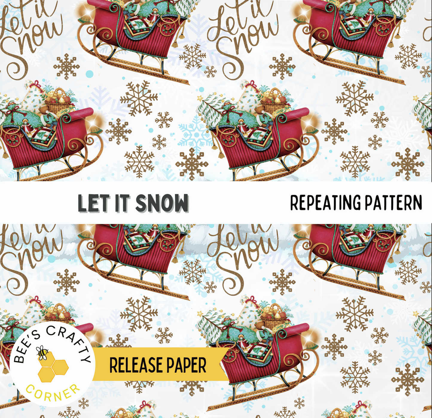 The image is a repeating pattern of a red sleigh with Christmas decorations, such as snowflakes and ornaments, against a white background.