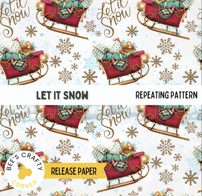 The image is a repeating pattern of a red sleigh with Christmas decorations, such as snowflakes and ornaments, against a white background.