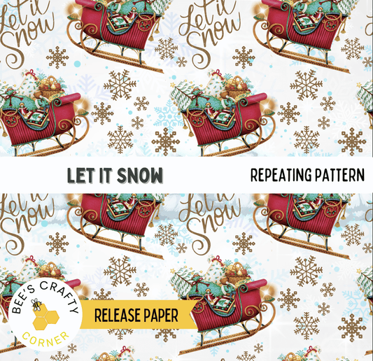 The image is a repeating pattern of a red sleigh with Christmas decorations, such as snowflakes and ornaments, against a white background.