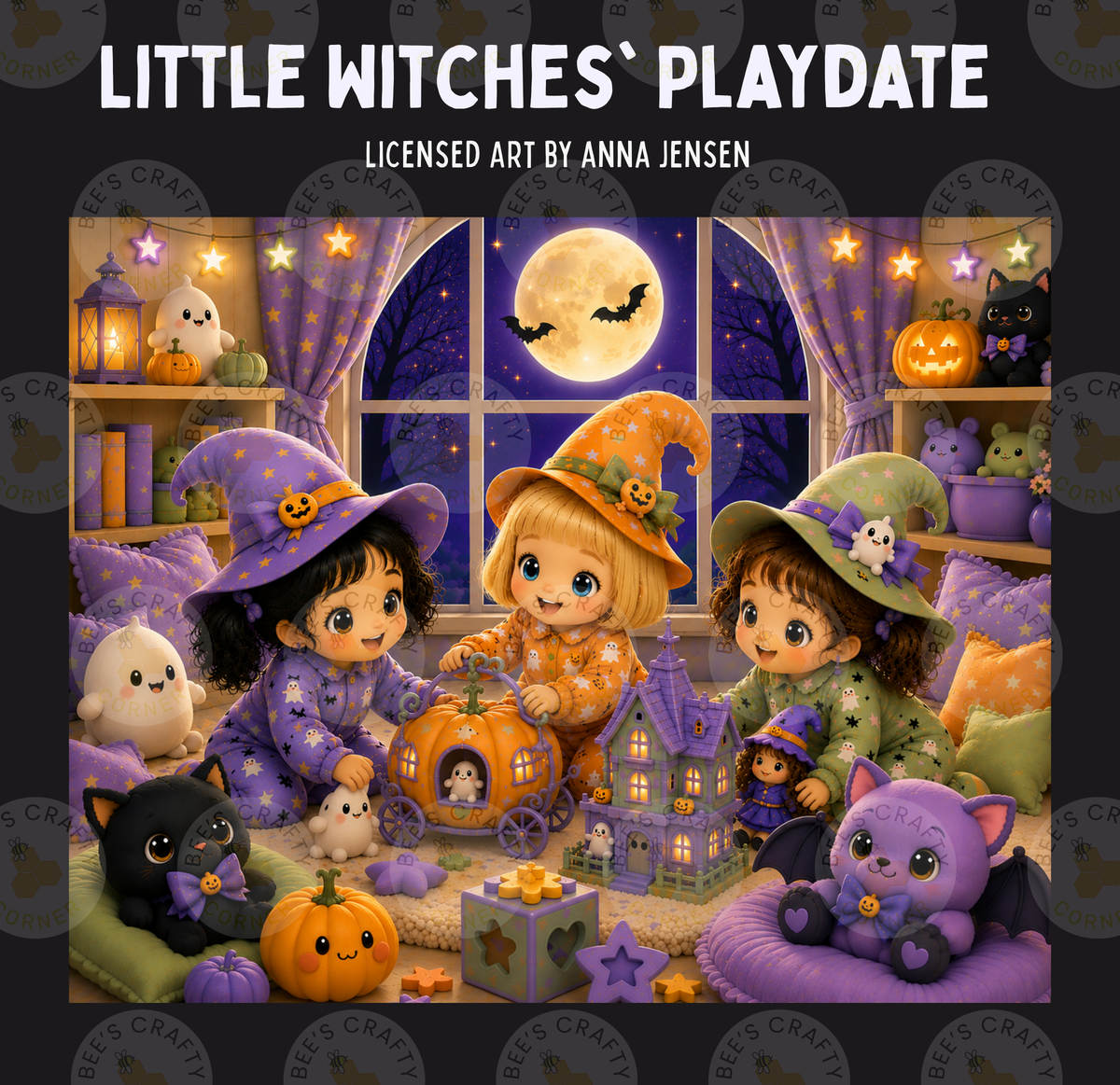 The image is a collage of Halloween-themed illustrations featuring three young girls dressed as witches, surrounded by various Halloween-themed objects such as pumpkins, bats, and a full moon.