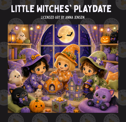 The image is a collage of Halloween-themed illustrations featuring three young girls dressed as witches, surrounded by various Halloween-themed objects such as pumpkins, bats, and a full moon.