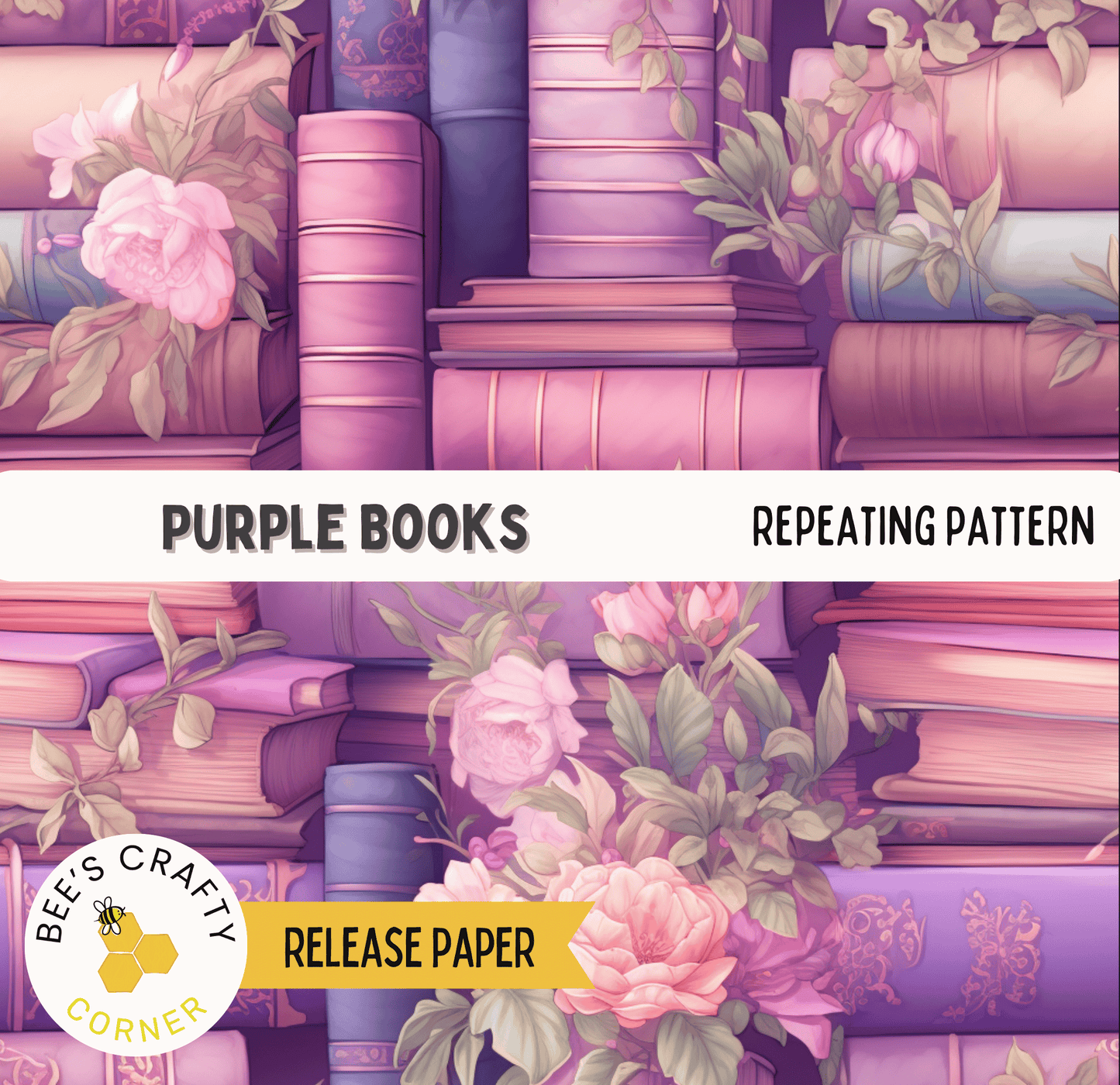 The image is a repeating pattern of pink and purple books with pink flowers, creating a visually appealing and harmonious design.