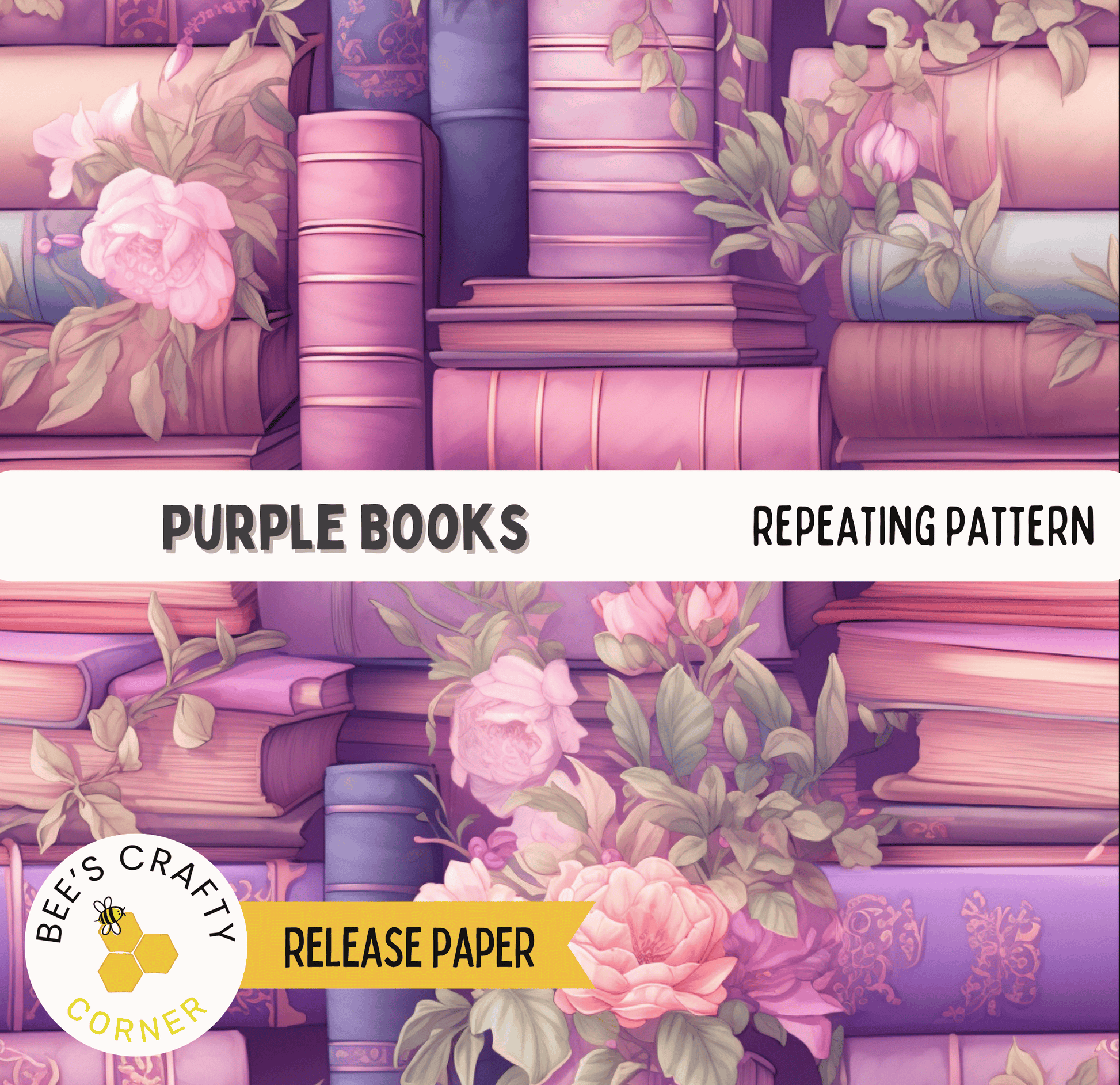 The image is a repeating pattern of pink and purple books with pink flowers, creating a visually appealing and harmonious design.