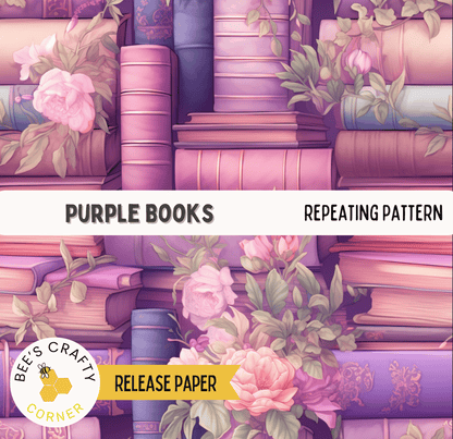 The image is a repeating pattern of pink and purple books with pink flowers, creating a visually appealing and harmonious design.