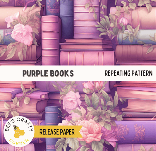 The image is a repeating pattern of pink and purple books with pink flowers, creating a visually appealing and harmonious design.