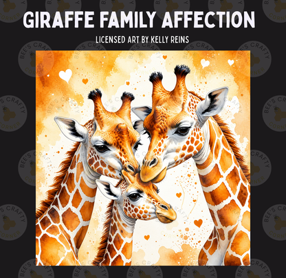 three giraffes standing close together, with their heads touching, against a background of orange and yellow splashes.