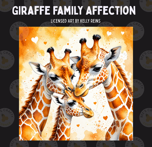 three giraffes standing close together, with their heads touching, against a background of orange and yellow splashes.