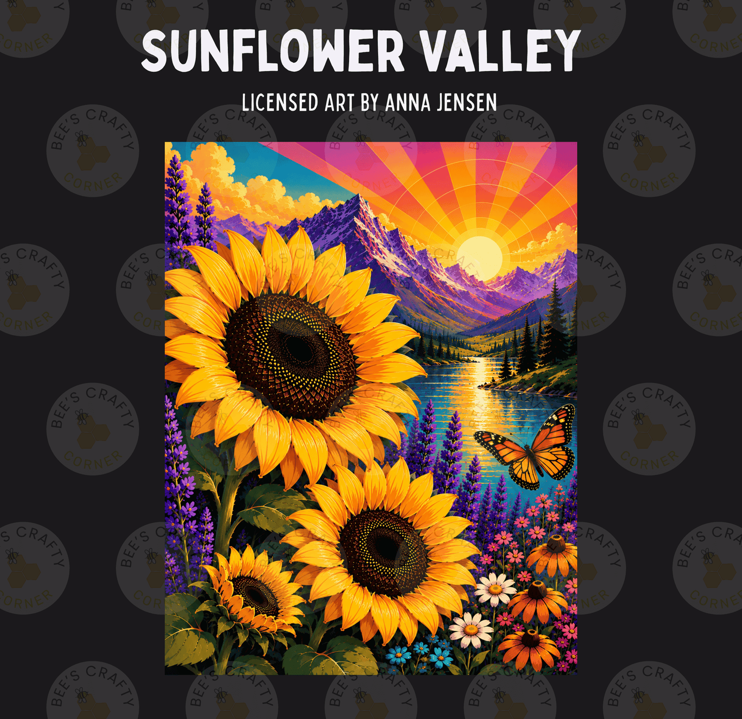 The image is a vibrant painting depicting a sunflower valley with a mountain range, a river, and butterflies.