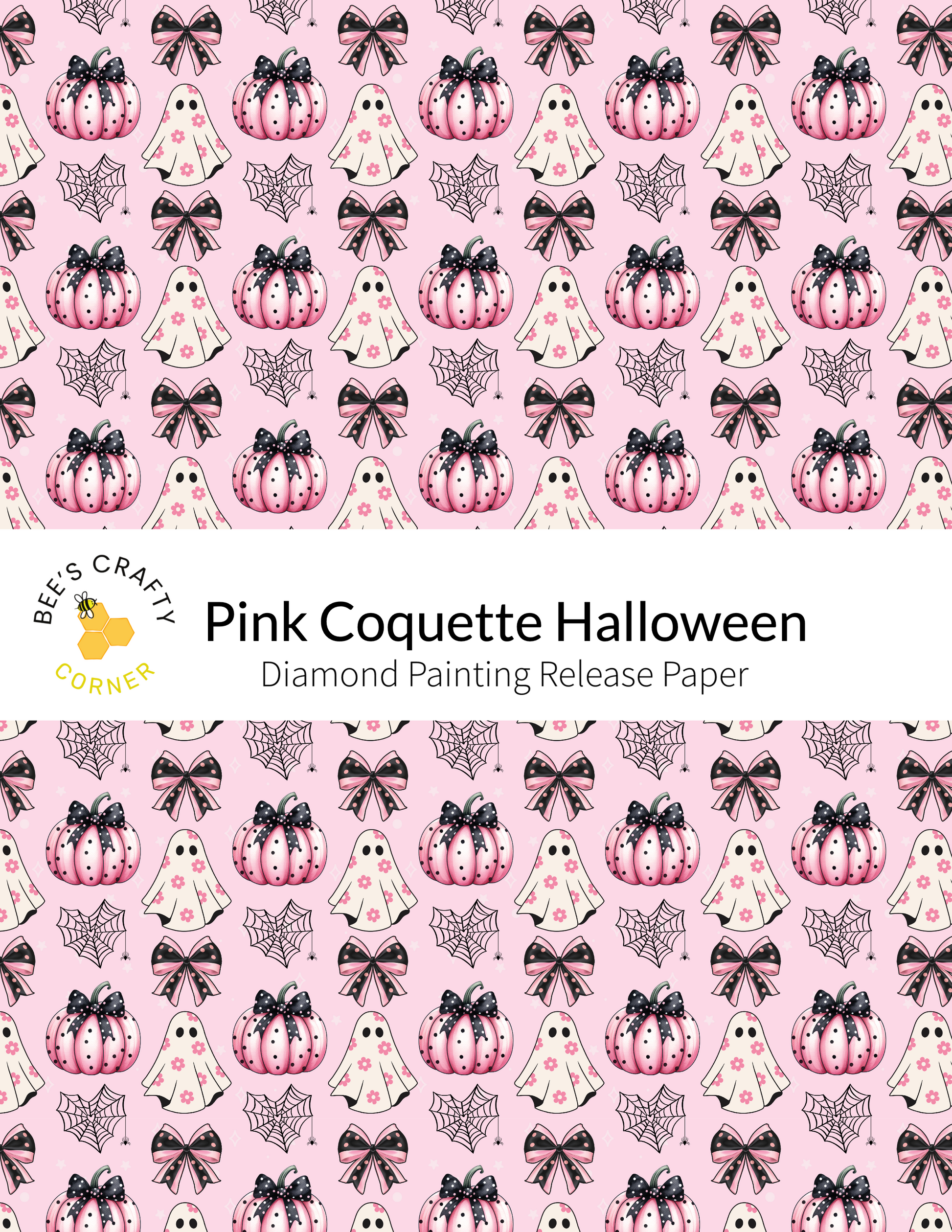 The image is a repeating pattern of pink pumpkins, ghostly figures, and bows on a pink background.